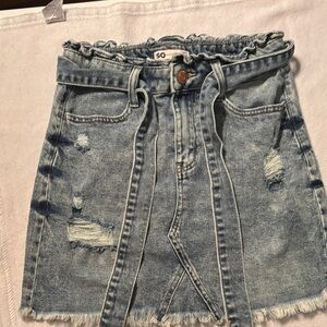 SO Light Blue Distressed Denim Paperbag Mini Skirt with Self-Tie